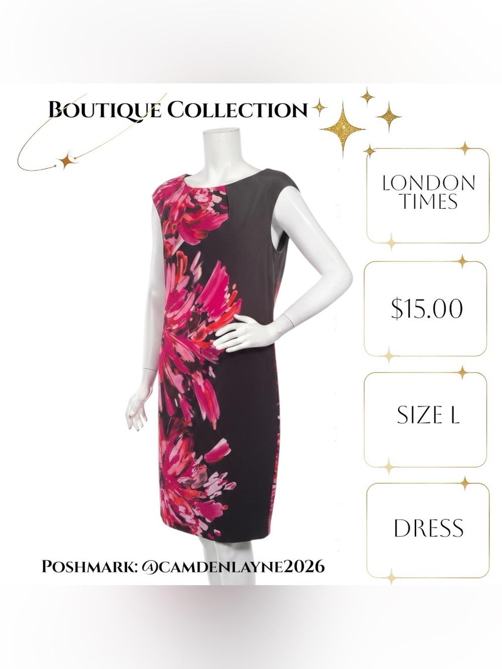 London Times Black Midi Dress with Pink Floral Cascade - Picture 6 of 9